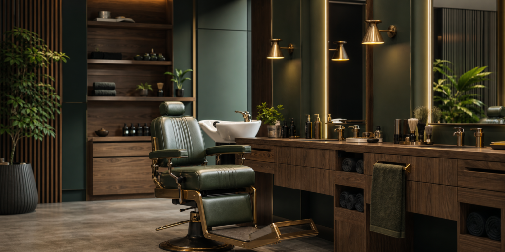 Barbería moderna con estética vintage, madera oscura y luz cálida