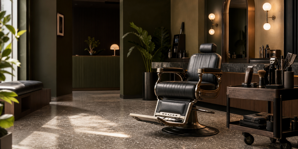 Barbershop moderno con sillón de barbero negro en salón contemporáneo